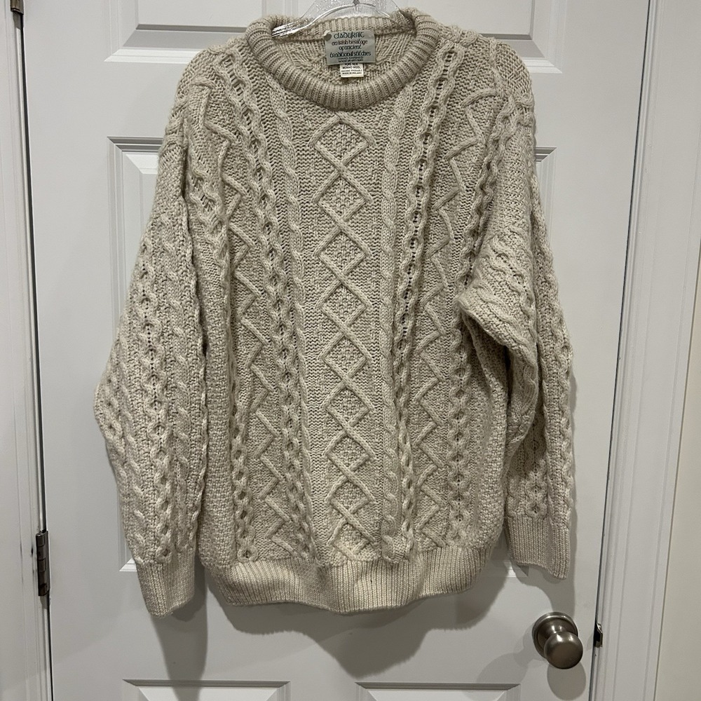 VTG Cladyknit Fisherman Aran Sweater  Mens L Cream 100% Wool Cable Knit Ireland